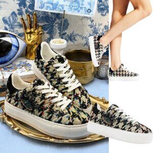 🆕 KURT GEIGER LONDON 🧿 NWOB Laney Eye Gold Rainbow Tweed Sneaker, Sz 37 US 7